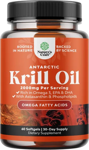 Aceite de krill antártico de 2000 mg cápsulas blandas por porción, suplemento de aceite de krill Omega 3 con EPA DHA y astaxantina (60 unidades