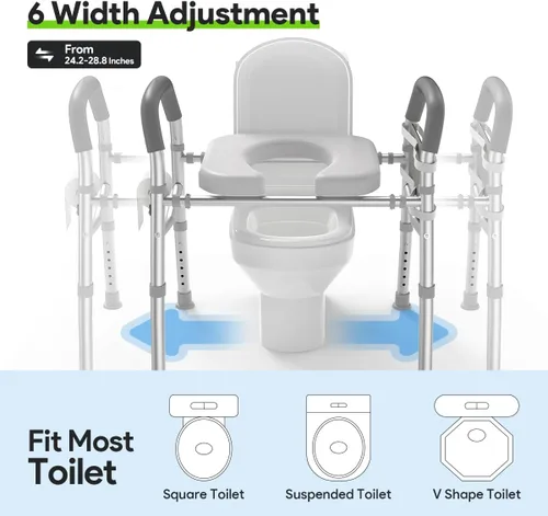 Vista 4 de Asiento de inodoro elevado con asas, marco de seguridad médica resistente de 400 libras, asistencia de baño para personas mayores, discapacitados