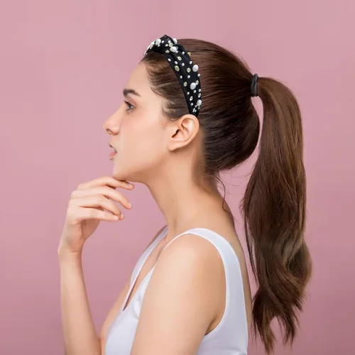 Vista 3 de Accesorios para el cabello de moda para mujer, diadema anudada, diadema de perlas negras para niñas, con cuentas de diamantes de imitación, diadema