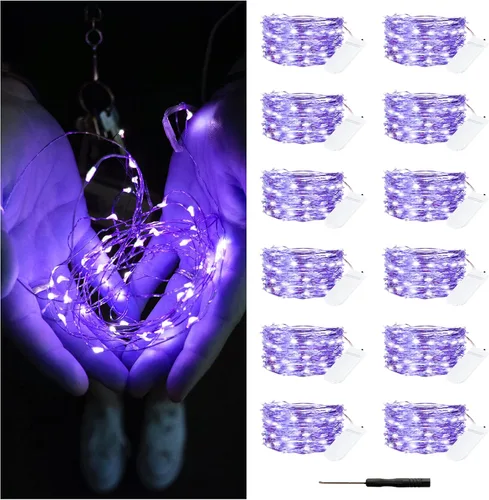 Vista 10 de Bexdir Paquete de 12 luces de hadas a pilas, 7 pies, 20 LED, impermeable, alambre plateado, luces de Navidad al aire libre, mini luces de luciérnaga