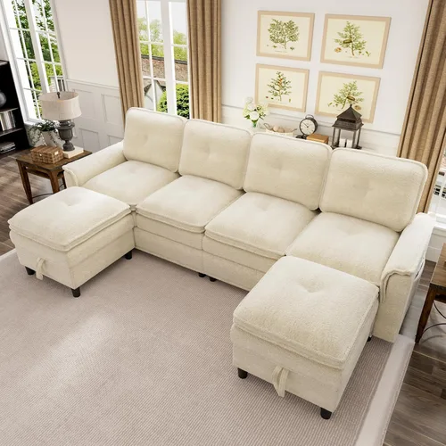 Vista 13 de HNEBC Sofás para Sala de Estar - Sofá seccional modular con chaise móvil, juego de sofá de 4 asientos con otomana, sofá en forma de L con cojines