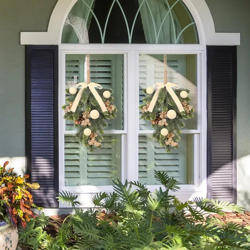 Vista 5 de Super Holiday - Decoraciones de Navidad, 2 piezas de coronas de puerta delantera de plantas verdes artificiales colgantes con lazo