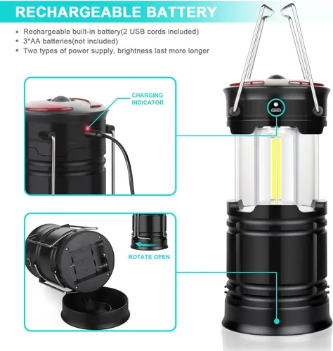 Vista 2 de Paquete de 2 linternas esenciales para campamento, linterna LED para cortes de energía, luces de tienda de campaña para emergencia