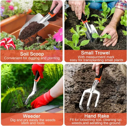 Vista 5 de Juego de herramientas de jardín, 8 piezas de herramientas de jardinería con mango ergonómico antideslizante, juego de herramientas de jardín Naranja