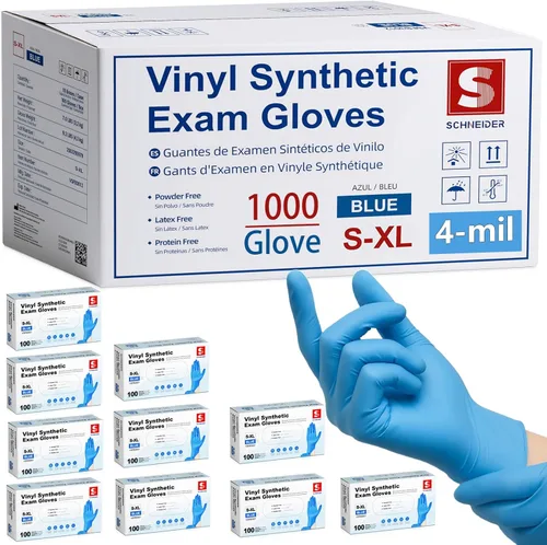 Schneider Blue Vinyl Synthetic Exam Gloves, Case of 1000, 4-mil, Powder-Free, Latex-Free, Non-Sterile, Disposable Gloves