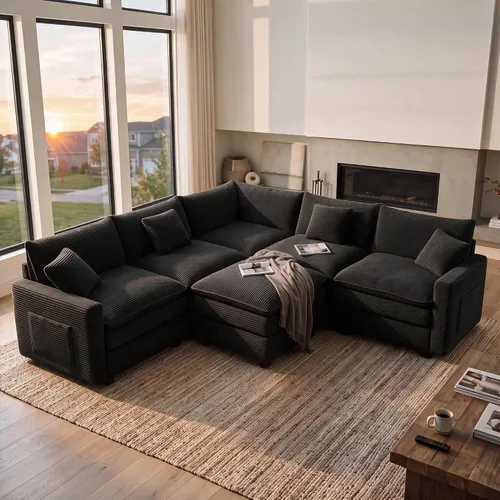 Vista 58 de Sofá seccional modular de 107", sofá de nube en forma de L con otomana Negro