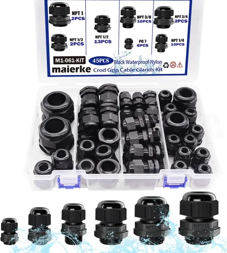Vista 6 de Juego de 20 prensaestopas de cable NPT de 1/2 pulgada, impermeables, ajustables, de nailon, para alivio de tensión, color negro con juntas