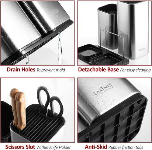 Vista 5 de Knife Holder and Utensil Holder - Stainless-Steel Modern Rectangular Design Universal Knife Block and Kitchen Utensils Organizer for Counter-top