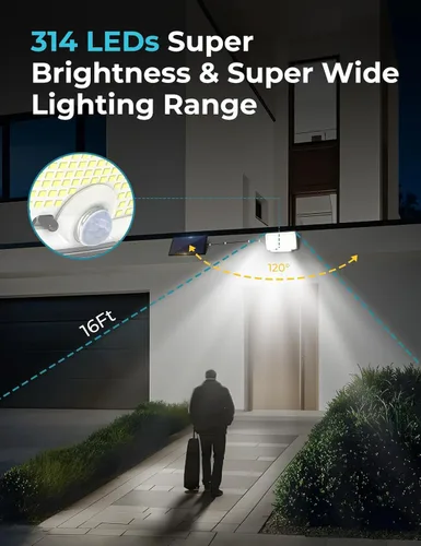 Vista 4 de Luces solares de movimiento para exteriores, [314 LEDs/3 modos] Luces solares divididas para exteriores con control remoto, impermeable IP65