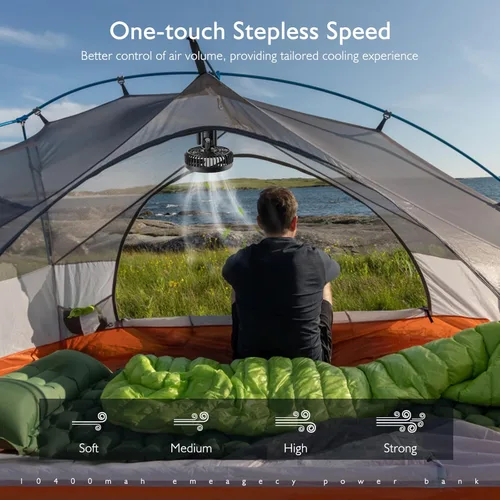 Vista 6 de SISMEL Portable Camping Fan with Light, 10400mAh Rechargeable Battery Operated Fan, Stepless Speed and Small Quiet Outdoor Tent Fan, USB Oscillating
