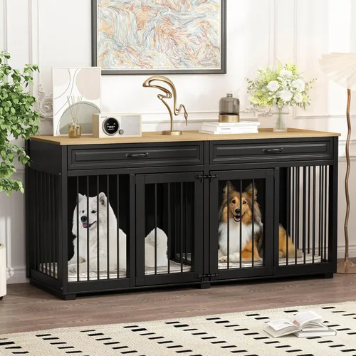 Muebles para Perrera, 64.6 Pulgadas de Madera Resistente Jaula para Perros Grande Estilo Mueble con Cajones y Divisor, Casa para Perros Interior