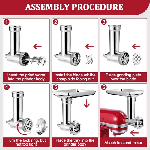 Vista 4 de Accesorio de molinillo de alimentos de metal para batidoras de pie KitchenAid incluye tubos para embutir salchichas, accesorio duradero