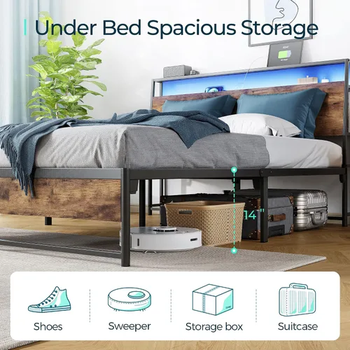 Vista 6 de LINSY Cama Queen con cabecera ergonómica, montaje rápido con luces y estación de carga, cama de plataforma de metal con almacenamiento, marrón