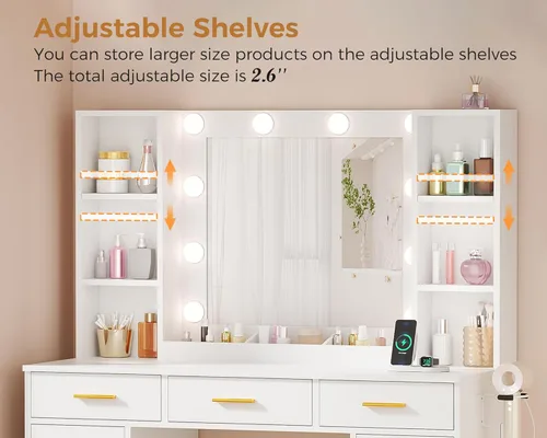 Vista 3 de Mesa de tocador de maquillaje ANWBROAD con espejo y luces, mesa de tocador blanca con toma de corriente, 11 cajones, 9 estantes, 3 modos