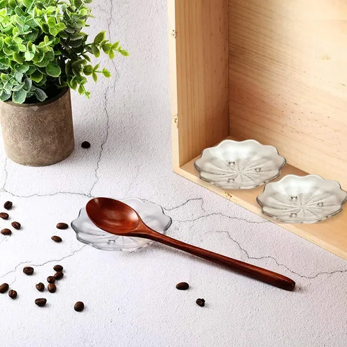 Vista 5 de Juego de 2 cucharas de cristal, soporte para cuchara en forma de flor pequeña para estufa, encimera, decoración de estación de café, accesorios