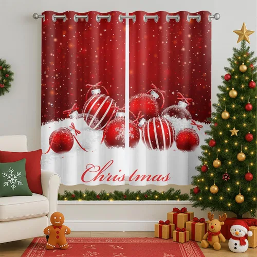 Vista 3 de Cortinas opacas de Navidad para niñas y niños, decoración del hogar, decoración navideña, árbol de acebo, estrella, Navidad, ojales, cortinas