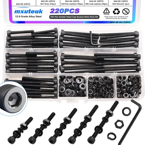 Vista 27 de mxuteuk Juego de tornillos M5 de 185 piezas, kit de tuercas, pernos y tornillos de cabeza hexagonal M5, pernos de acero de aleación de grado 12.9