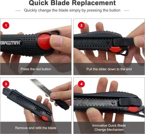 Vista 6 de HAUTMEC Cuchillo utilitario de 18 mm con agarre suave y bloqueo automático con interruptor de seguridad rojo, cortador resistente con hoja negra