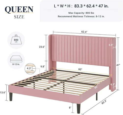 Vista 52 de Allewie Marco de cama de terciopelo tamaño Queen, cabecera capitonada con canal vertical, plataforma tapizada, listones de madera fuertes, no Blanco