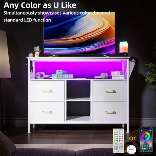 Vista 35 de Cómoda para dormitorio, soporte de TV con tomas de corriente y luz LED, cómoda de 6 cajones con bolsillos laterales y ganchos, cómoda ancha