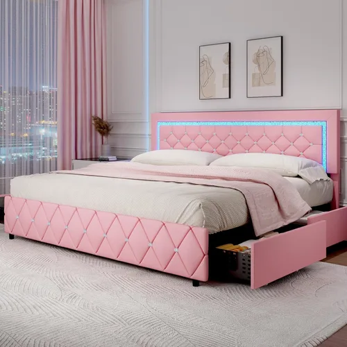 Vista 18 de BarnFurin Marcos de Cama Individual con Luces LED y Cajones de Almacenamiento, Marco de Cama Tapizado con Cabecera de Diamante, Cama de Plataforma