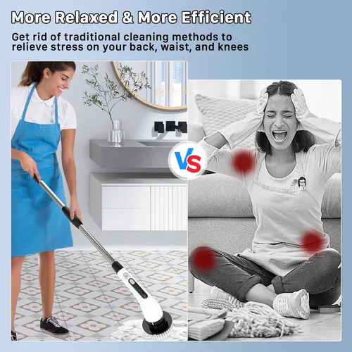 Vista 5 de Limpiador eléctrico giratorio, cepillo de limpieza inalámbrico, limpiador de ducha con 7 cepillos reemplazables, 2 velocidades y mango de extensión