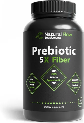 Suplemento de fibra prebiótica 5-en-1 en cápsulas - Natural Flow 5X Fibra XOS, GOS, FOS, Inulina de acacia y agave, fórmula diaria de fibra soluble