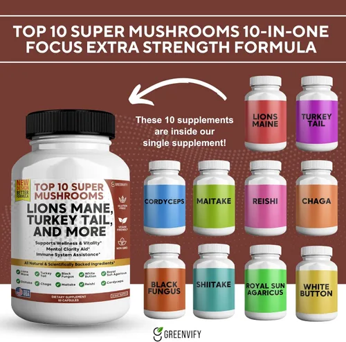Vista 5 de Lions Mane 10 Super Champiñones Suplemento - Melena de León, Reishi, Cordyceps, Extractos de Shiitake - 60 Cápsulas (1)