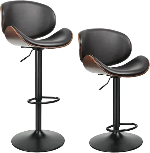Vista 14 de ONME Juego de 4 taburetes de bar giratorios de altura ajustable de madera curvada, silla de bar tapizada de piel sintética con respaldo y reposapiés