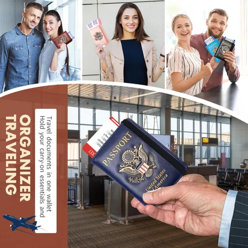 Vista 4 de Funda para pasaporte, cartera de viaje con bloqueo RFID, de cuero, para pasaporte familiar, carteras organizadas, cartera personalizada para hombres
