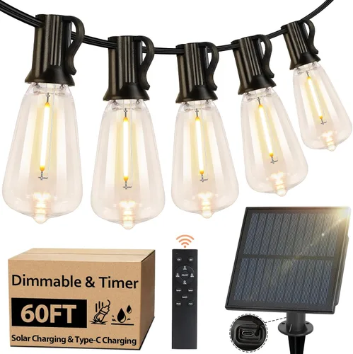 Vista 13 de 100 pies de luces de cadena solar para exteriores con control remoto, luces LED recargables por USB para patio con 52 bombillas ST38 Edison