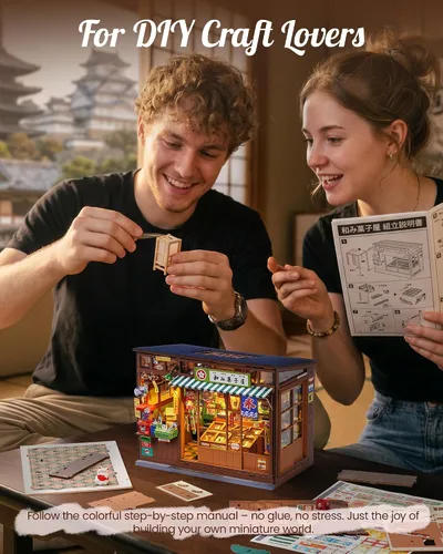 Vista 8 de Rolife Kit de rincón de libros, kit de casa de muñecas en miniatura para adultos, rompecabezas de madera 3D con temática de tienda general japonesa