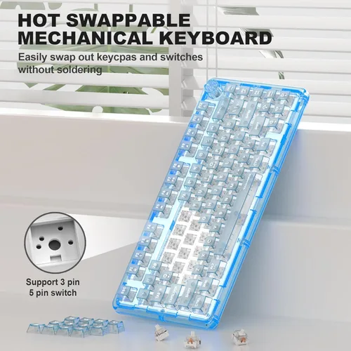 Vista 7 de Teclado mecánico transparente, teclados cremosos inalámbricos retroiluminados RGB, diseño acrílico transparente personalizable de intercambio