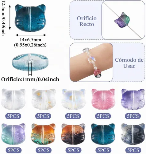 Vista 6 de KISSITTY 200 cuentas de cristal de gato para fabricación de joyas, color azul violeta, forma de cabeza de gato, centro perforado de cristal