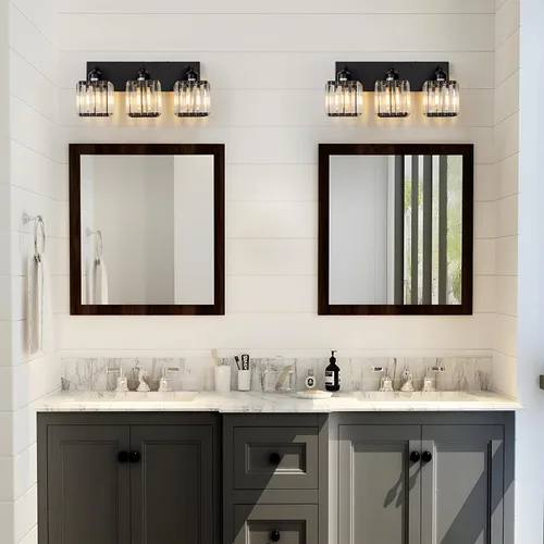 Vista 6 de Lámpara negra para tocador de baño, 3 luces, lámpara de pared de baño de cristal, luz moderna sobre espejo (excluye la bombilla)