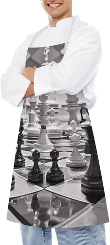 Vista 4 de Personalized Black And White Chess Adult Apron, Kitchen Cooking Aprons for Woman Man, Adjustable Bib Apron with Pocket for Baking, BBQ Crafting