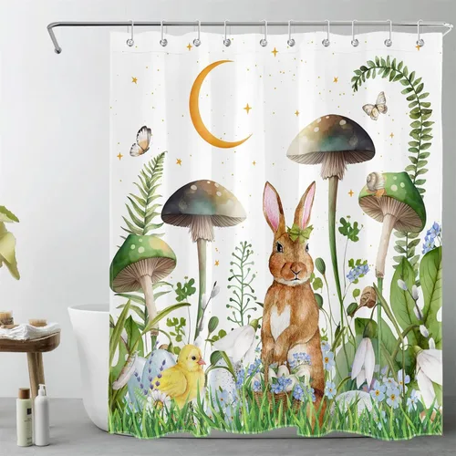Easter Rabbit Shower Curtain, Mushroom Bathroom Curtain Easter Eggs with Green Plants Leaves Aesthetic Moon Shower Curtains for Bathroom with Hooks