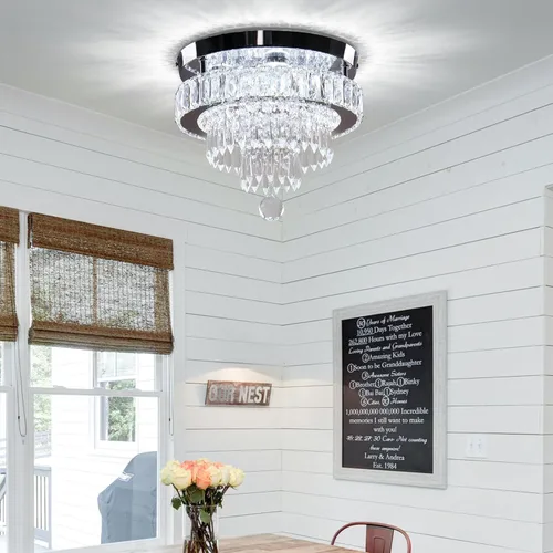 Vista 2 de Candelabro moderno de 11.8 pulgadas de cristal LED empotrado, lámparas de techo redondas para comedor, dormitorio, sala de estar, cocina