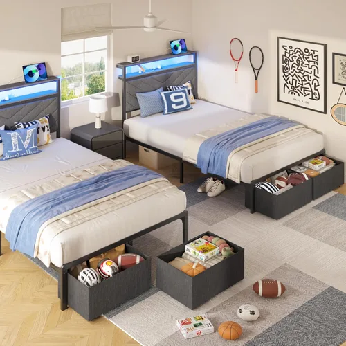 Vista 5 de HISOFT Base de cama individual con estación de carga, luces LED y 2 cajones de almacenamiento, plataforma negra con cabecera tapizada