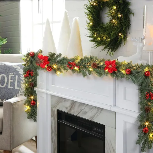 Vista 9 de Guirnalda de Navidad con luces, oro champán de 6 pies, 20 luces LED, guirnalda de Navidad preiluminada con adornos de bolas, cintas, conos de pino