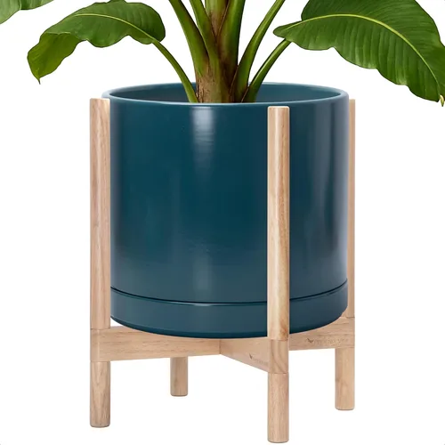 Vista 31 de D'vine Dev Maceta de cerámica con soporte de ébano – Maceta redonda moderna de 8 pulgadas con soporte para maceta de madera, color negro, 55-B-M-2