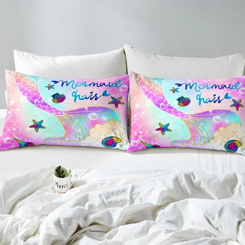 Vista 4 de Feelyou - Juego de sábanas de sirena, tamaño individual, arcoíris, cola de sirena impresa, juego de ropa de cama colorida, lindo juego de sábanas