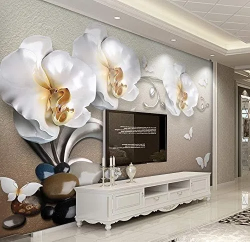 Murwall 3D Floral Wallpaper White Orchid Wall Mural 3D Pebble Wall Print White Butterfly Wall Art Classical Home Decor