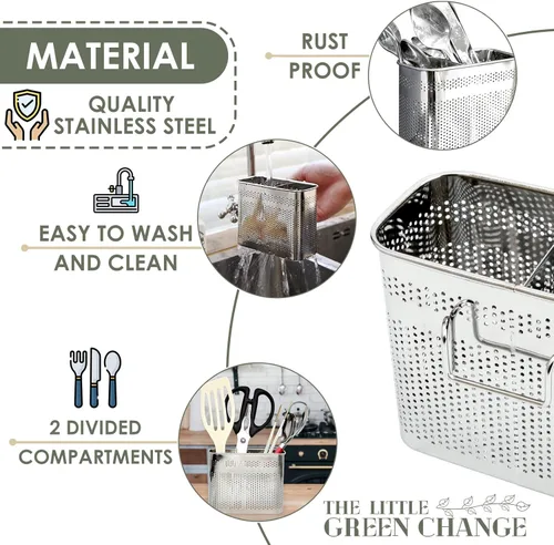 Vista 3 de Kitchen Utensils Chopsticks Holder Drying Rack Basket with Hooks 2 Divided Compartments Quality Stainless Steel Large L5.4 X H4.3 X W2.6