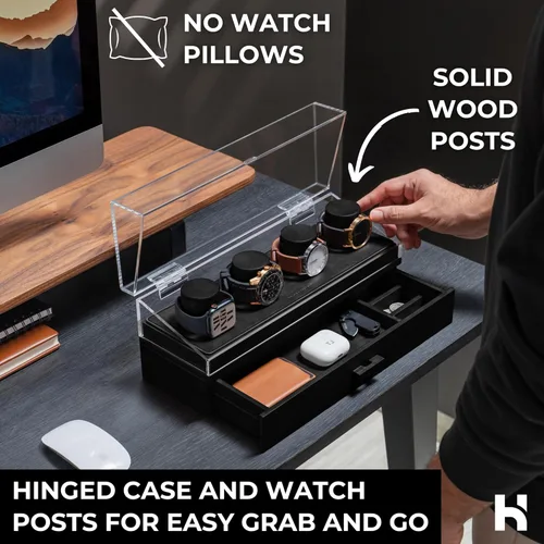 Vista 5 de Holme & Hadfield Estuche de madera de alta calidad con 4 ranuras, caja de reloj hecha a mano para hombre con cajón de accesorios, cubierta