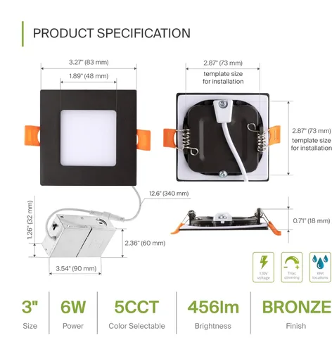 Vista 2 de ASD Iluminación empotrable cuadrada LED ultrafina de 3 pulgadas, bronce aceitado con 5 temperaturas de color, regulable, clasificación IC, brillo
