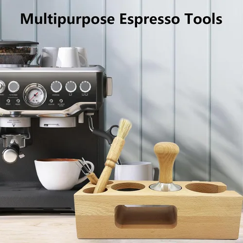 Vista 6 de Kit de accesorios para distribuidor de manipulación de espresso, estación de tampón de filtro de café de madera con cepillo de café, distribuidor