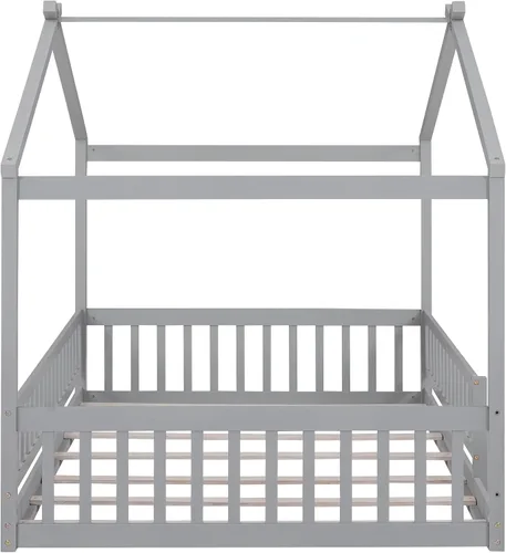 Vista 5 de Merax Cama de madera de tamaño matrimonial con valla, marco de cama de madera con techo y barandilla de seguridad para niños, adolescentes, niños