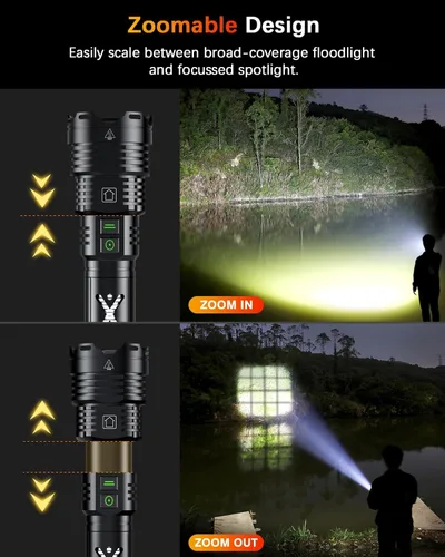Vista 8 de Linterna Recargable Súper Brillante 2000000 Lúmenes Altos Impermeable Táctica Potente Linterna LED Alimentada por Batería con 6 Modos Ampliable