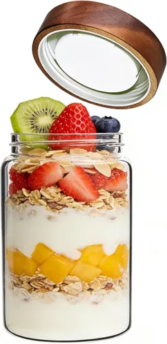 Vista 24 de Frascos de vidrio para café, tarros para especias, frasco de almacenamiento redondo con tapa de madera, frasco de vidrio transparente para alimentos